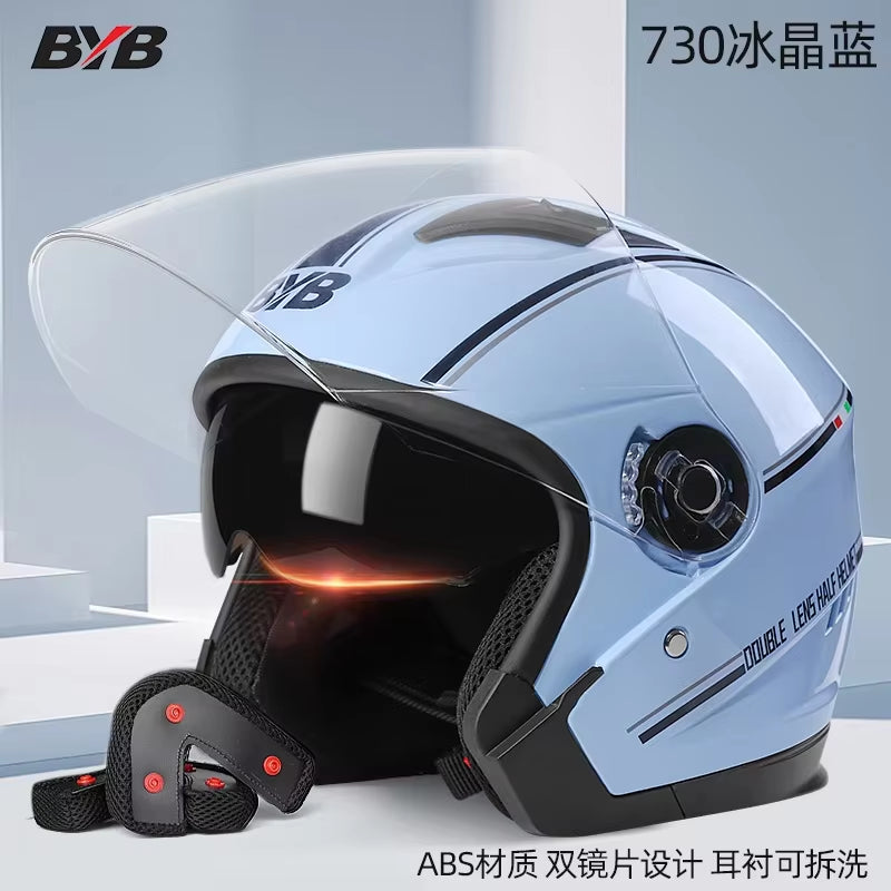 Motorcycle Open Face Helmet for Men and Women Dual Lens Sun Visor Face Shield Top Lightweight Scooter Bike Retro 3/4 Helmet